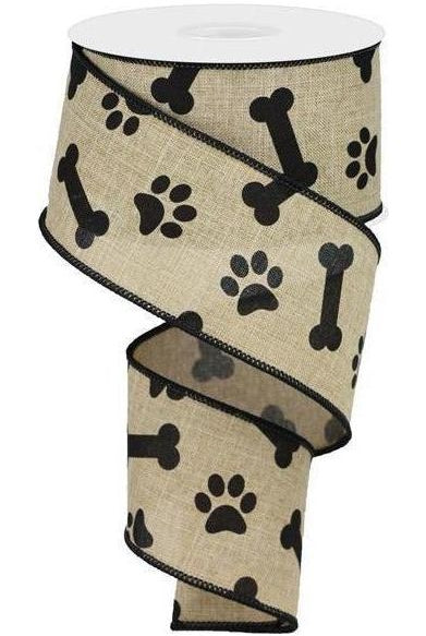 2.5" Paw Print Royal Ribbon: Light Beige & Black (10 Yards) - Michelle's aDOORable Creations - Wired Edge Ribbon