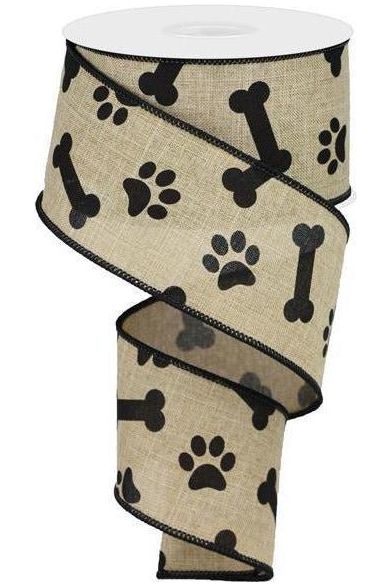 2.5" Paw Print Royal Ribbon: Light Beige & Black (10 Yards) - Michelle's aDOORable Creations - Wired Edge Ribbon