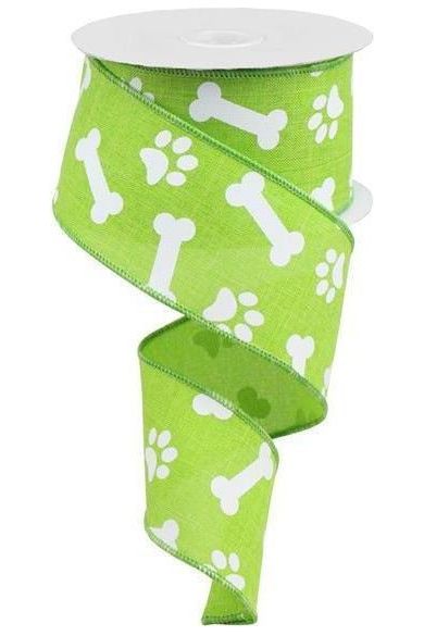 2.5" Paw Print Royal Ribbon: Lime Green (10 Yards) - Michelle's aDOORable Creations - Wired Edge Ribbon