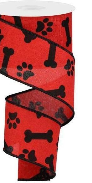 2.5" Paw Print Royal Ribbon: Red & Black (10 Yards) - Michelle's aDOORable Creations - Wired Edge Ribbon
