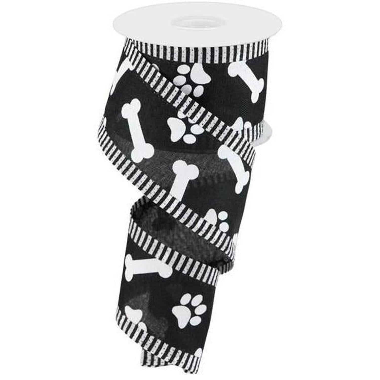 2.5" Paw Print Thin Stripe Ribbon: Black & White (10 Yards)