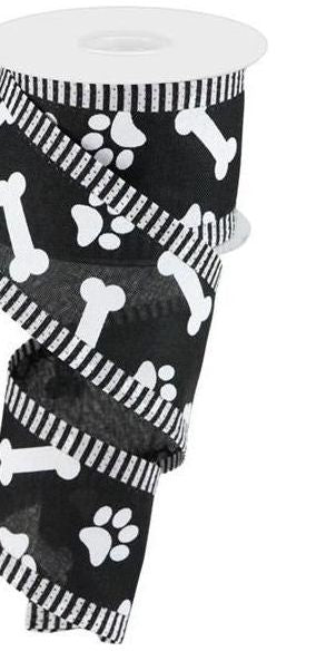 2.5" Paw Print Thin Stripe Ribbon: Black & White (10 Yards) - Michelle's aDOORable Creations - Wired Edge Ribbon