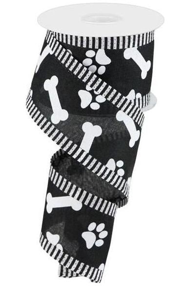 2.5" Paw Print Thin Stripe Ribbon: Black & White (10 Yards) - Michelle's aDOORable Creations - Wired Edge Ribbon