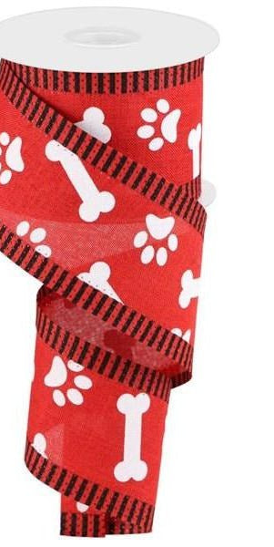 2.5" Paw Print Thin Stripe Ribbon: Red & White (10 Yards) - Michelle's aDOORable Creations - Wired Edge Ribbon