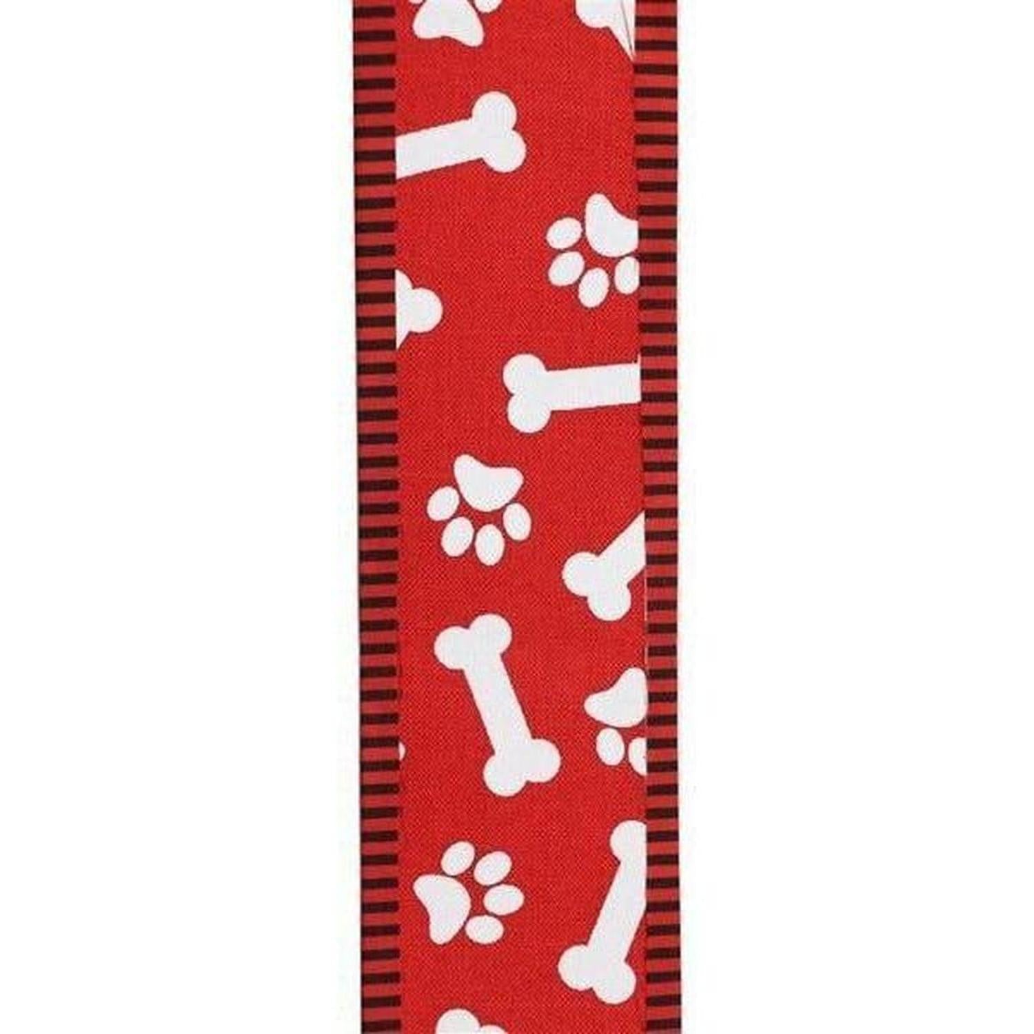 2.5" Paw Print Thin Stripe Ribbon: Red & White (10 Yards)