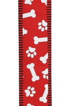 2.5" Paw Print Thin Stripe Ribbon: Red & White (10 Yards) - Michelle's aDOORable Creations - Wired Edge Ribbon