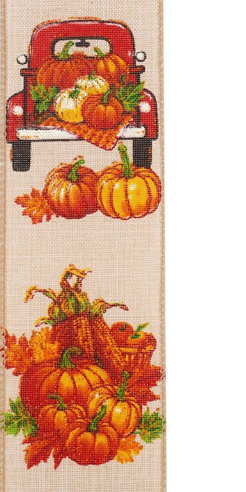 2.5" Pickup Truck Pumpkin Ribbon: Natural (10 Yards) - Michelle's aDOORable Creations - Wired Edge Ribbon