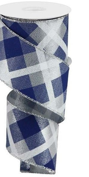 2.5" Printed Plaid Metallic Ribbon: Silver, Navy, White (10 Yards) - Michelle's aDOORable Creations - Wired Edge Ribbon