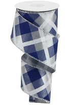 2.5" Printed Plaid Metallic Ribbon: Silver, Navy, White (10 Yards) - Michelle's aDOORable Creations - Wired Edge Ribbon