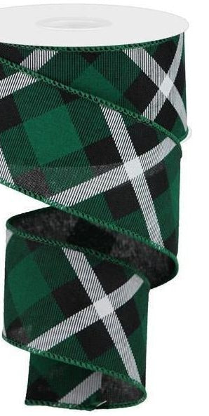 2.5" Printed Plaid Ribbon: Green, White and Black (10 Yards) - Michelle's aDOORable Creations - Wired Edge Ribbon