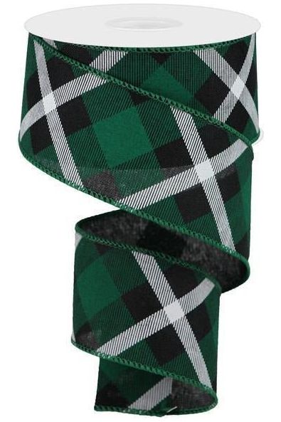 2.5" Printed Plaid Ribbon: Green, White and Black (10 Yards) - Michelle's aDOORable Creations - Wired Edge Ribbon