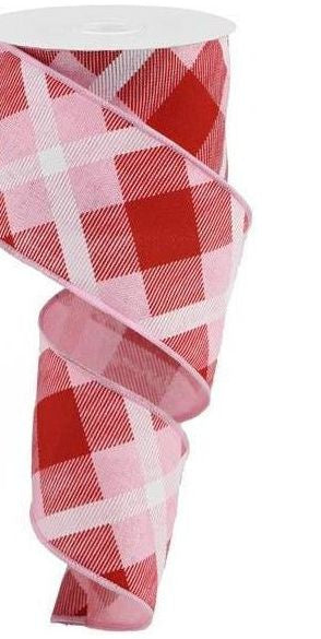 2.5" Printed Plaid Ribbon: Light Pink, Red and White (10 Yard) - Michelle's aDOORable Creations - Wired Edge Ribbon