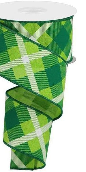 2.5" Printed Plaid Ribbon: Lime Green, Green, White (10 Yards) - Michelle's aDOORable Creations - Wired Edge Ribbon