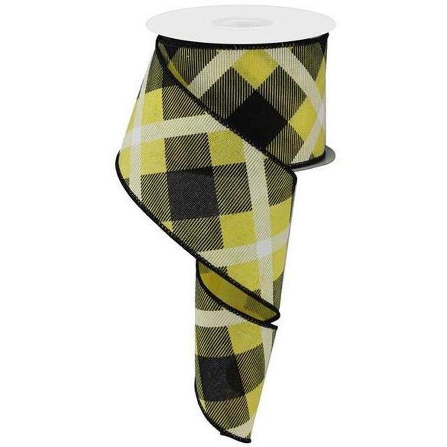 2.5" Printed Plaid Ribbon: Yellow, Black, White