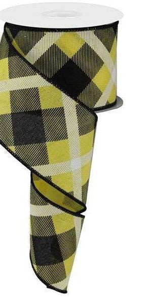2.5" Printed Plaid Ribbon: Yellow, Black, White - Michelle's aDOORable Creations - Wired Edge Ribbon