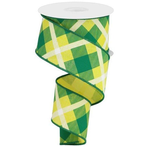 2.5" Printed Plaid Ribbon: Yellow, Green, White (10 Yards) - Michelle's aDOORable Creations - Wired Edge Ribbon