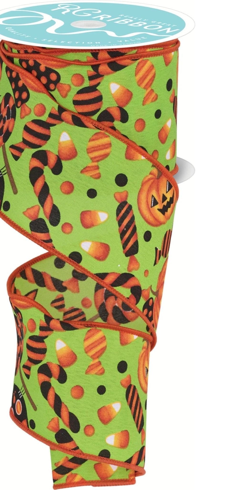 2.5" Pumpkin Cat Candy Ribbon: Lime Green (10 Yards) - Michelle's aDOORable Creations - Wired Edge Ribbon