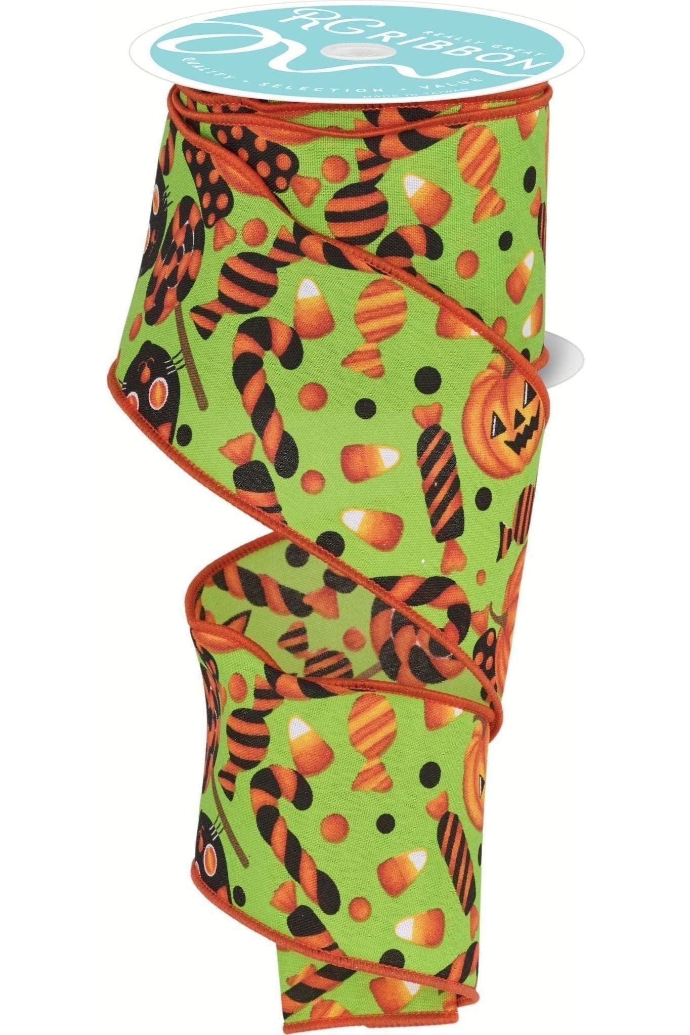 Shop For 2.5" Pumpkin Cat Candy Ribbon: Lime Green (10 Yards) at Michelle's aDOORable Creations