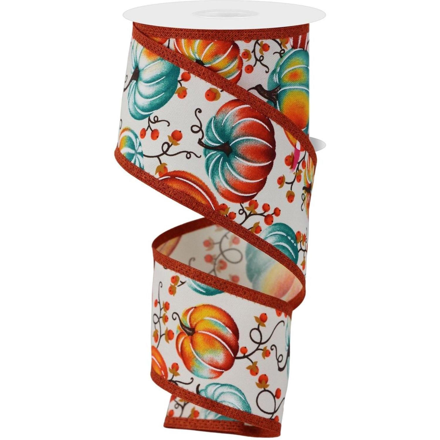 2.5" Pumpkins Bittersweet Ribbon: Ivory/Teal (10 Yards)