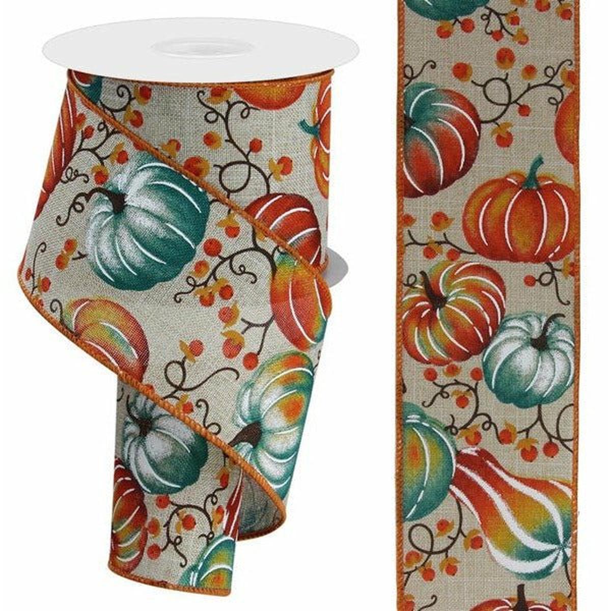Shop For 2.5" Pumpkins Bittersweet Ribbon: Light Natural/Teal (10 Yards) at Michelle's aDOORable Creations
