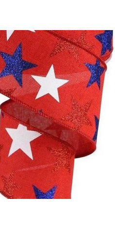 2.5" Red Royal Canvas Ribbon: Patriotic Stars (10 Yards) - Michelle's aDOORable Creations - Wired Edge Ribbon