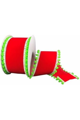 2.5" Red Velvet Pom Ribbon: Lime Green (10 Yards) - Michelle's aDOORable Creations - Wired Edge Ribbon