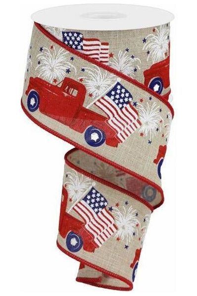 2.5" Red Vintage Patriotic Truck: Natural (10 Yards) - Michelle's aDOORable Creations - Wired Edge Ribbon