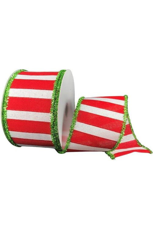 2.5" Red White Stripe Tinsel Ribbon: Lime Green (10 Yards) - Michelle's aDOORable Creations - Wired Edge Ribbon