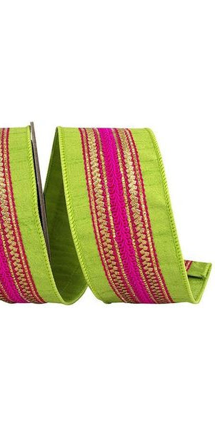 2.5" Regal Stripe Trimming Dupioni Ribbon: Lime/Pink (5 Yards) - Michelle's aDOORable Creations - Wired Edge Ribbon