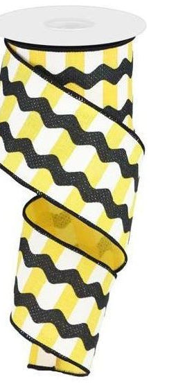 2.5" Ricrac Stripe Ribbon: Yellow & Black (10 Yards) - Michelle's aDOORable Creations - Wired Edge Ribbon
