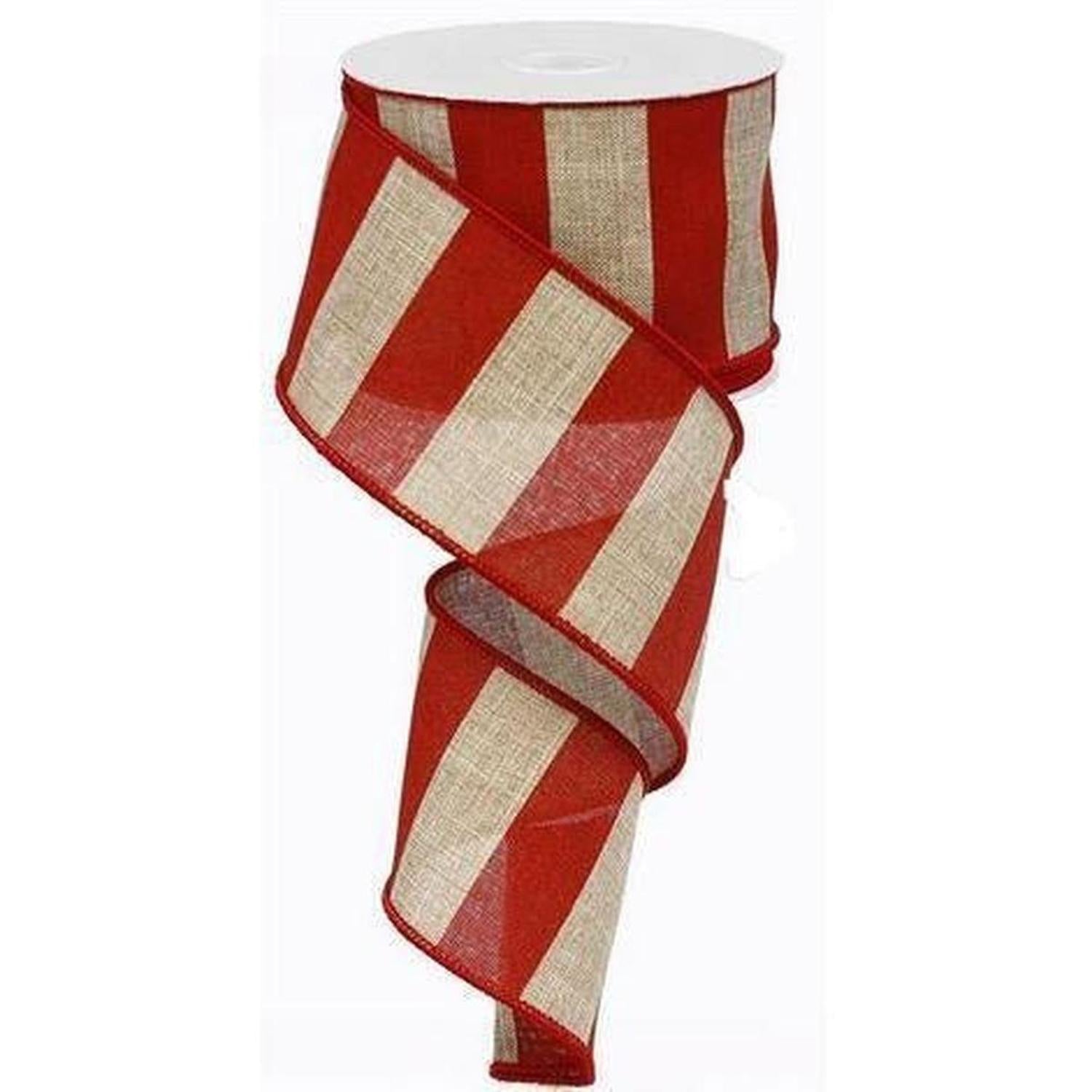2.5" Royal Canvas Wide Stripe Ribbon: Natural & Red (10 Yards)