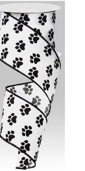 2.5" Satin Paw Print Ribbon: Black & White (10 Yards) - Michelle's aDOORable Creations - Wired Edge Ribbon