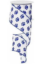 2.5" Satin Paw Print Ribbon: Blue & White (10 Yards) - Michelle's aDOORable Creations - Wired Edge Ribbon