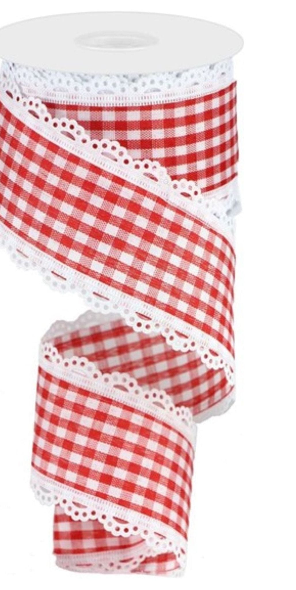 2.5" Scalloped Edge Gingham Ribbon: Red & White (10 Yard) - Michelle's aDOORable Creations - Wired Edge Ribbon