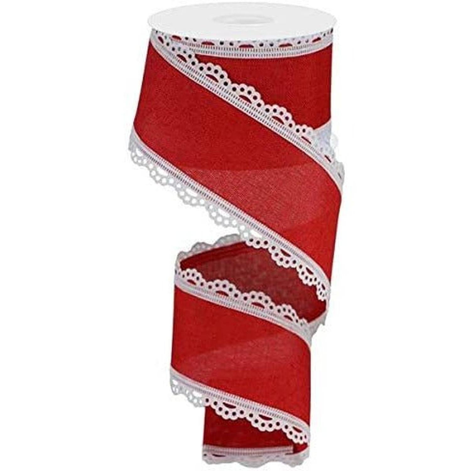 2.5" Scalloped Edge Ribbon: White/Red (10 Yard)