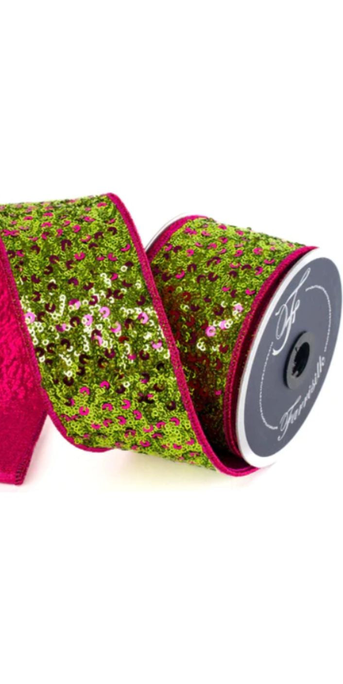 2.5" Sequin Treasure Ribbon: Hot Pink/Lime (5 Yards) - Michelle's aDOORable Creations - Wired Edge Ribbon