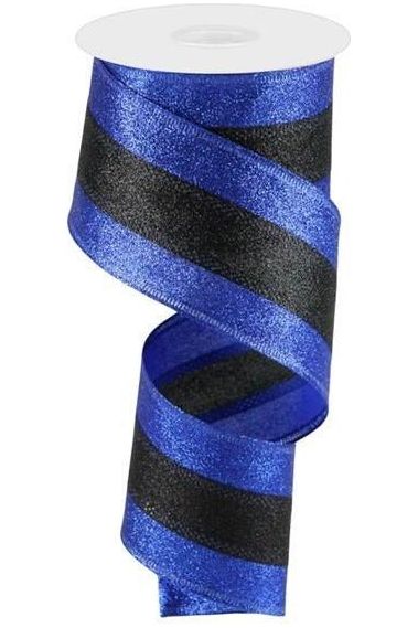 2.5" Shimmer Glitter Stripe Ribbon: Royal Blue & Black (10 Yards) - Michelle's aDOORable Creations - Wired Edge Ribbon