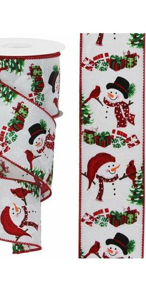 2.5" Snowman Cardinal Ribbon: White (10 Yards) - Michelle's aDOORable Creations - Wired Edge Ribbon