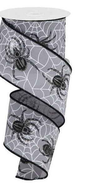 2.5" Spider On Web Ribbon: Grey (10 Yards) - Michelle's aDOORable Creations - Wired Edge Ribbon