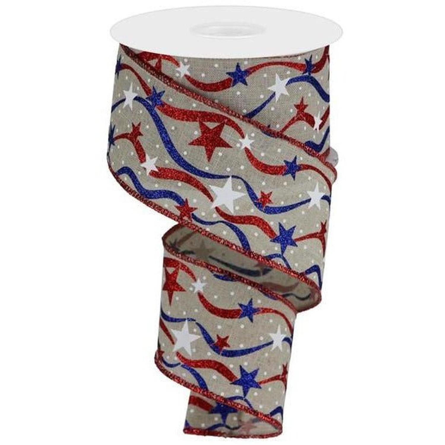 2.5" Stars and Wavy Stripes Royal Canvas Ribbon: Natural (10 Yards)