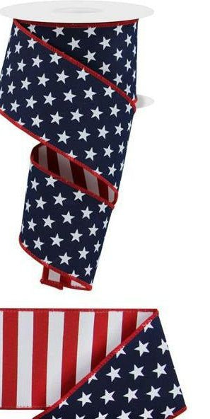 2.5" Stars Stripes Fused Back Ribbon: Navy Blue (10 Yards) - Michelle's aDOORable Creations - Wired Edge Ribbon