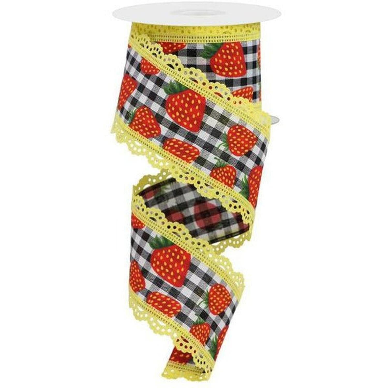 2.5" Strawberries Check Lace Ribbon: Black & White (10 Yards)