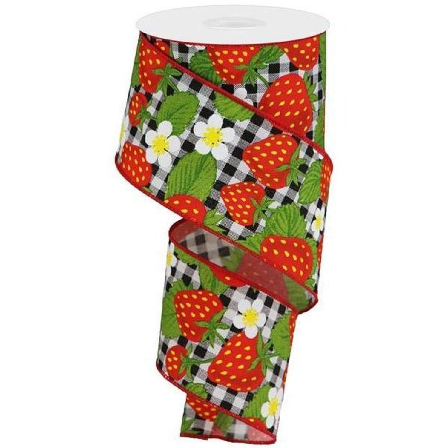2.5" Strawberries on Check Ribbon: Black & White (10 Yards)