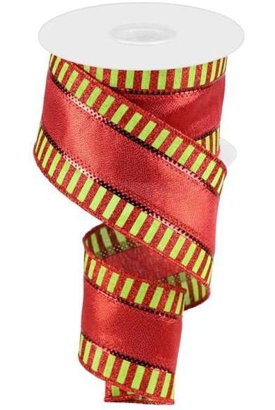 2.5" Striped Edge Metallic Ribbon: Red/Lime Green (10 Yards) - Michelle's aDOORable Creations - Wired Edge Ribbon