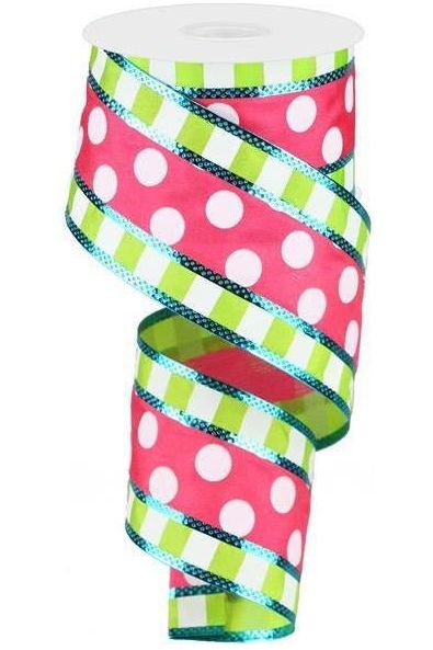 2.5" Striped Edge Polka Dot Ribbon: Pink, Lime Green, & White (10 Yards) - Michelle's aDOORable Creations - Wired Edge Ribbon