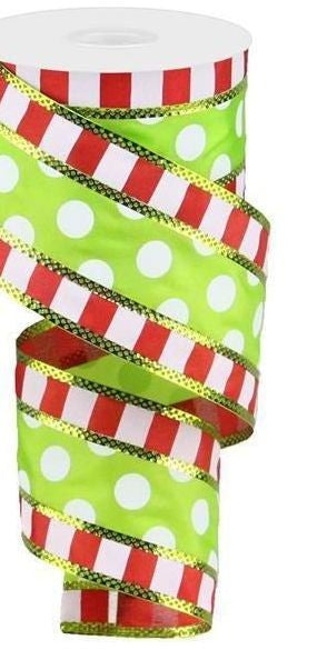 2.5" Striped Edge Polka Dot Ribbon: Red, Green & White (10 Yards) - Michelle's aDOORable Creations - Wired Edge Ribbon