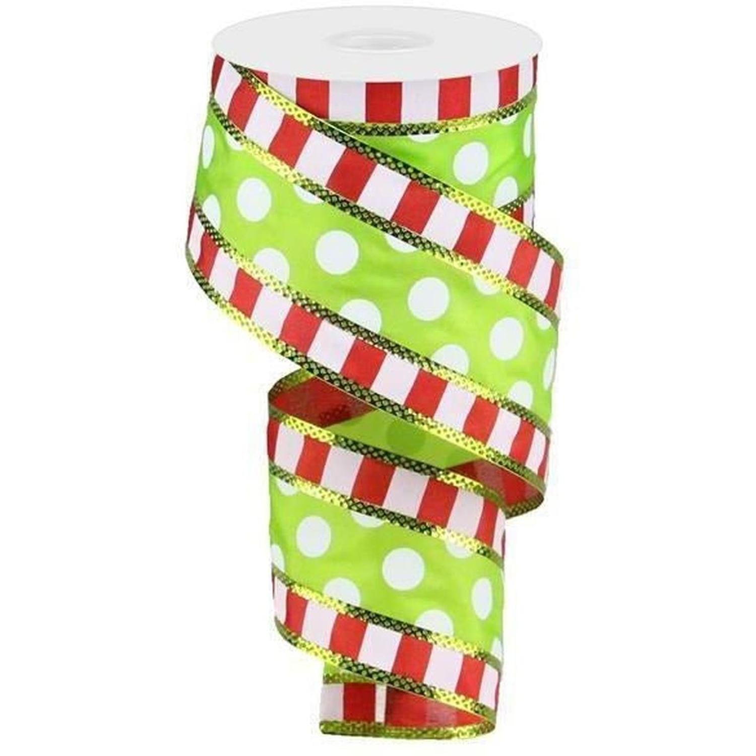 Shop For 2.5" Striped Edge Polka Dot Ribbon: Red, Green & White (10 Yards) at Michelle's aDOORable Creations