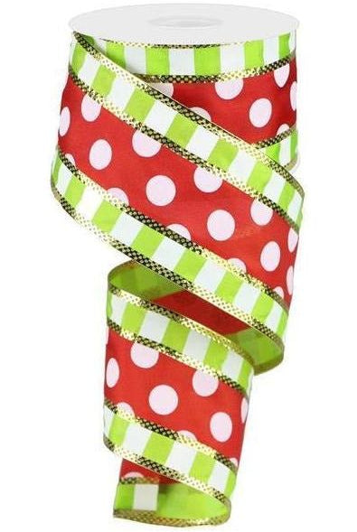 2.5" Striped Edge Polka Dot Ribbon: Red, Lime & White (10 Yards) - Michelle's aDOORable Creations - Wired Edge Ribbon