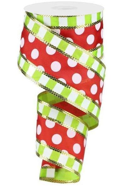 2.5" Striped Edge Polka Dot Ribbon: Red, Lime & White (10 Yards) - Michelle's aDOORable Creations - Wired Edge Ribbon