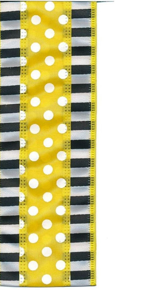 2.5" Striped Edge Polka Dot Ribbon: Yellow, Black & White (10 Yards) - Michelle's aDOORable Creations - Wired Edge Ribbon